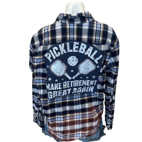 CheekyMontana Tops - PickleBall Plaid Flannel Button Down Shirt LARGE Funny Blue Retirement Unique